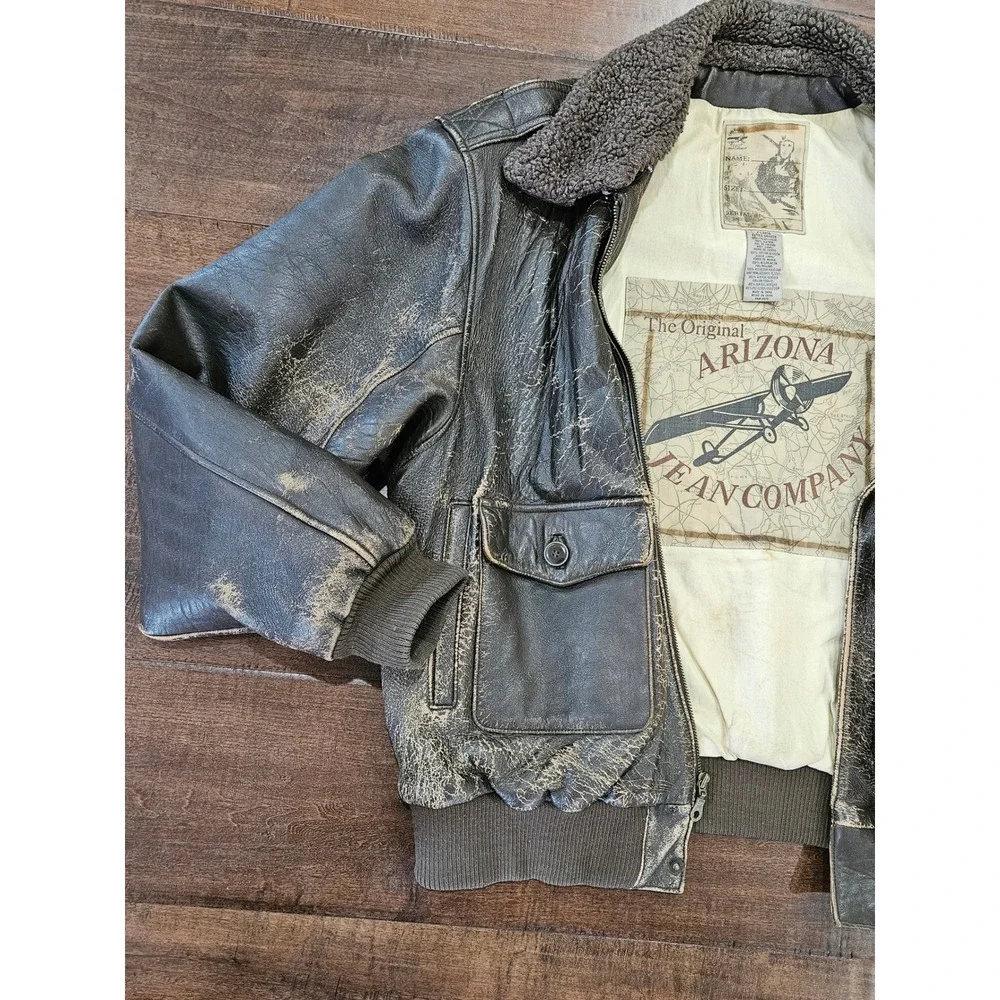 VTG Distressed Arizona Military XL Leather Bomber Flight Jacket Brown Sherpa